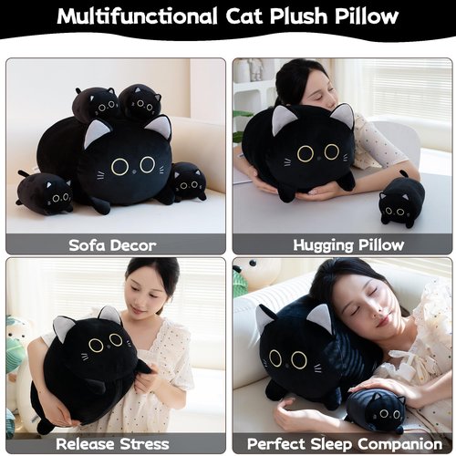 Gudisi Black Cat Plush Stuffed Animals with 4 Kitties Plushies,16" Soft Jumbo Pillow Gifts for Kids Him Her Girlfriend Boyfriend