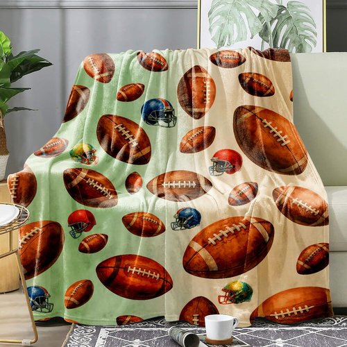 Football Blanket 50x60, Soft Flannel Fleece Stadium & Couch Throw, Watercolor Football Helmet Pattern, Neutral Sage Green Beige, Game Day Bleacher Blanket for Adults