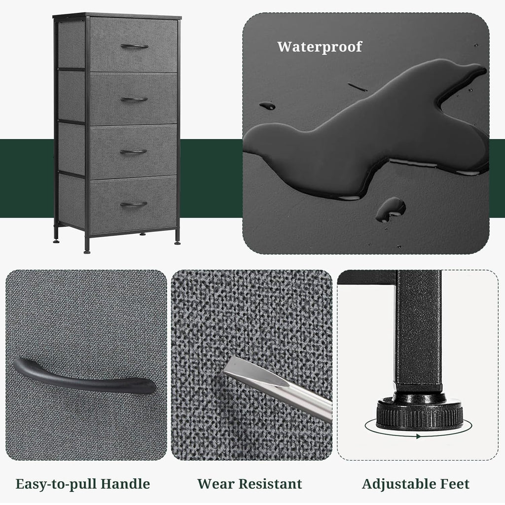 Regine Switzerland Nightstand - 4 Drawer Dresser with Wooden Top & Steel Frame | Gray Fabric Bins for Bedroom & Living Room