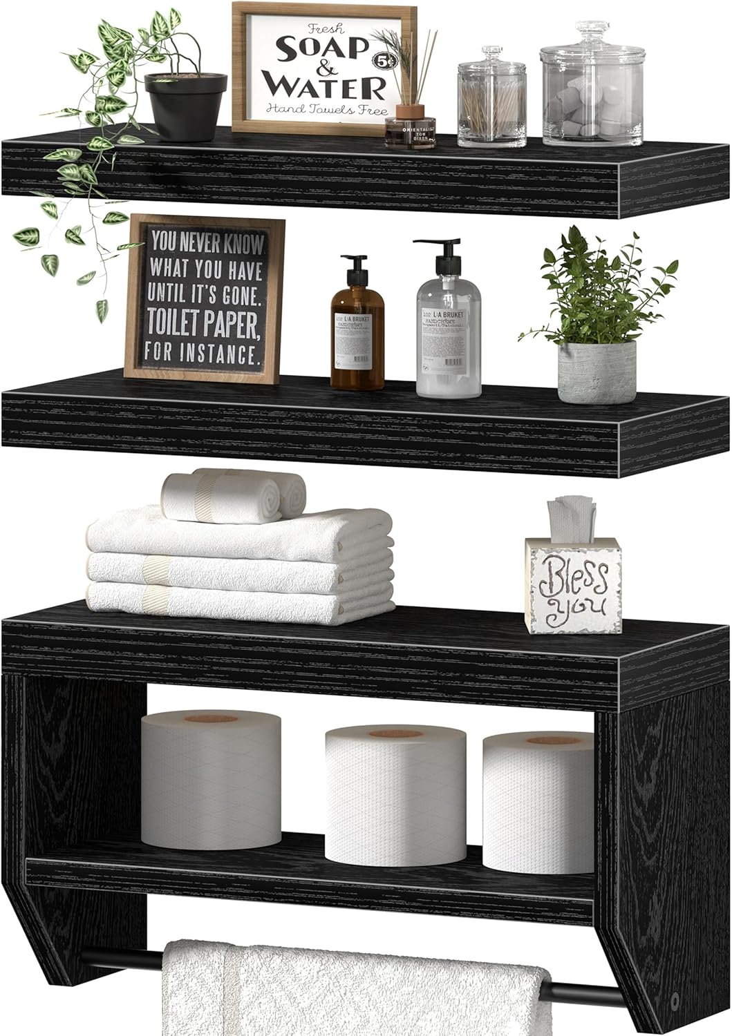 QEEIG Floating Bathroom Shelves - Stylish Wall Storage for Toilet Paper | Set of 3, 16 Inch, Black