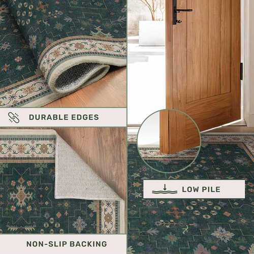 Hazo Haus Dark Green Vintage Rug - Ultra Soft Washable 7x10 Floral Geometric Design for Living Room