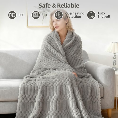 Eastsora Heated Blanket Flannel Blanket Throw, 50"X 60"Electric Heating Blanket with ETL & FCC & 12 Heating Levels & Auto Shut Off，Machine Washable (Light Gray)