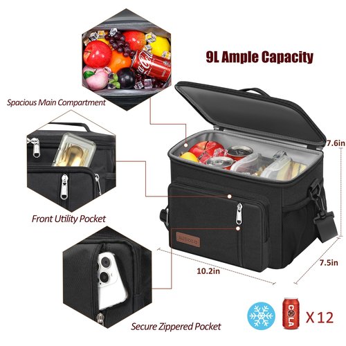 MIYCOO Lunch Bag for Men Women, Insulated Lunch Box Leakproof Cooler Tote, Reusable Soft Bag with Shoulder Strap for Work, Picnic, Beach & Travel, 12-Can (9L) -Black