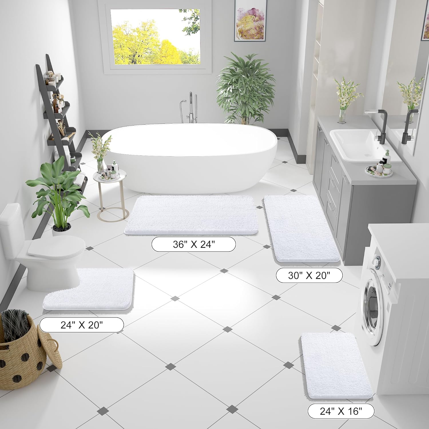 OLANLY Bathroom Rugs - Extra Soft Chenille Bath Mats | Quick Dry, Machine Washable, 59x35, White