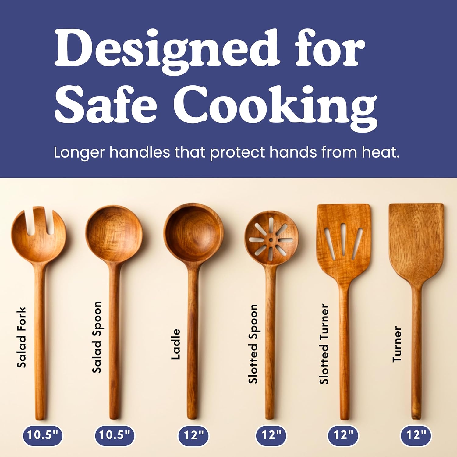 Non-Toxic Cooking Utensils | 6-Piece Wooden Utensil Set - Glue-Free, Natural Finish, Eco-Friendly