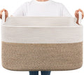 Goodpick Large Woven Blanket Basket - 21.6" x 14.9" x 11.8" Cotton Rope Storage for Living Room & Bedroom - White & Brown