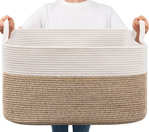 Goodpick Large Woven Blanket Basket - 21.6" x 14.9" x 11.8" Cotton Rope Storage for Living Room & Bedroom - White & Brown
