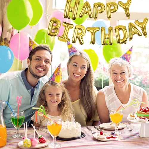 Gold Happy Birthday Balloons Banner - 16-Inch Mylar Foil Letters | Reusable Party Decor for All Ages
