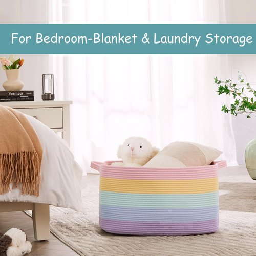 MOJOSCEND Extra Large Storage Basket for Girls Kids 22"x16"x12" Rainbow Toy Box for Girls Blanket Basket for Living Room Woven Storage Box for Cloth -70L