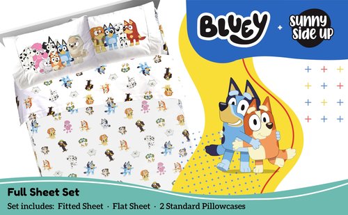 Sunny Side Up Bluey & Friends Full Sheet Set - 4 Piece Kids Bedding Set Includes Pillow Cover - Super Soft Microfiber Sheets