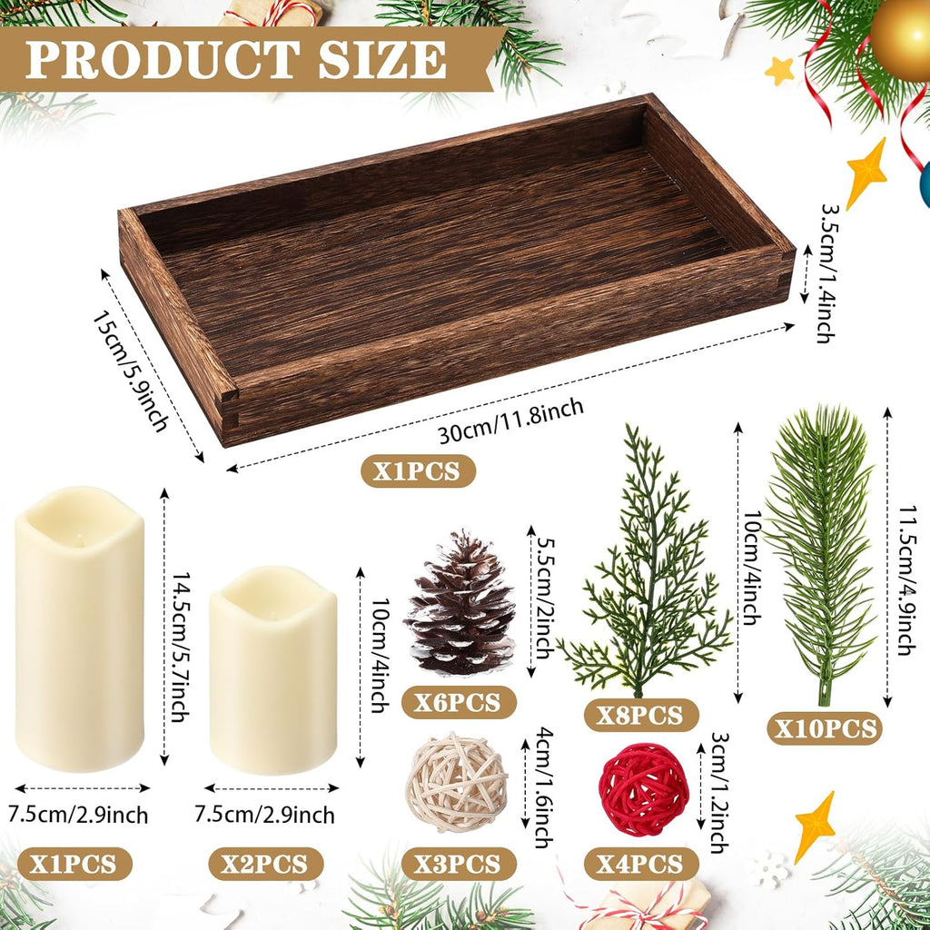 Tioncy Christmas Table Centerpiece - Rustic Wood Box Tray with Artificial Pine Picks & Candles