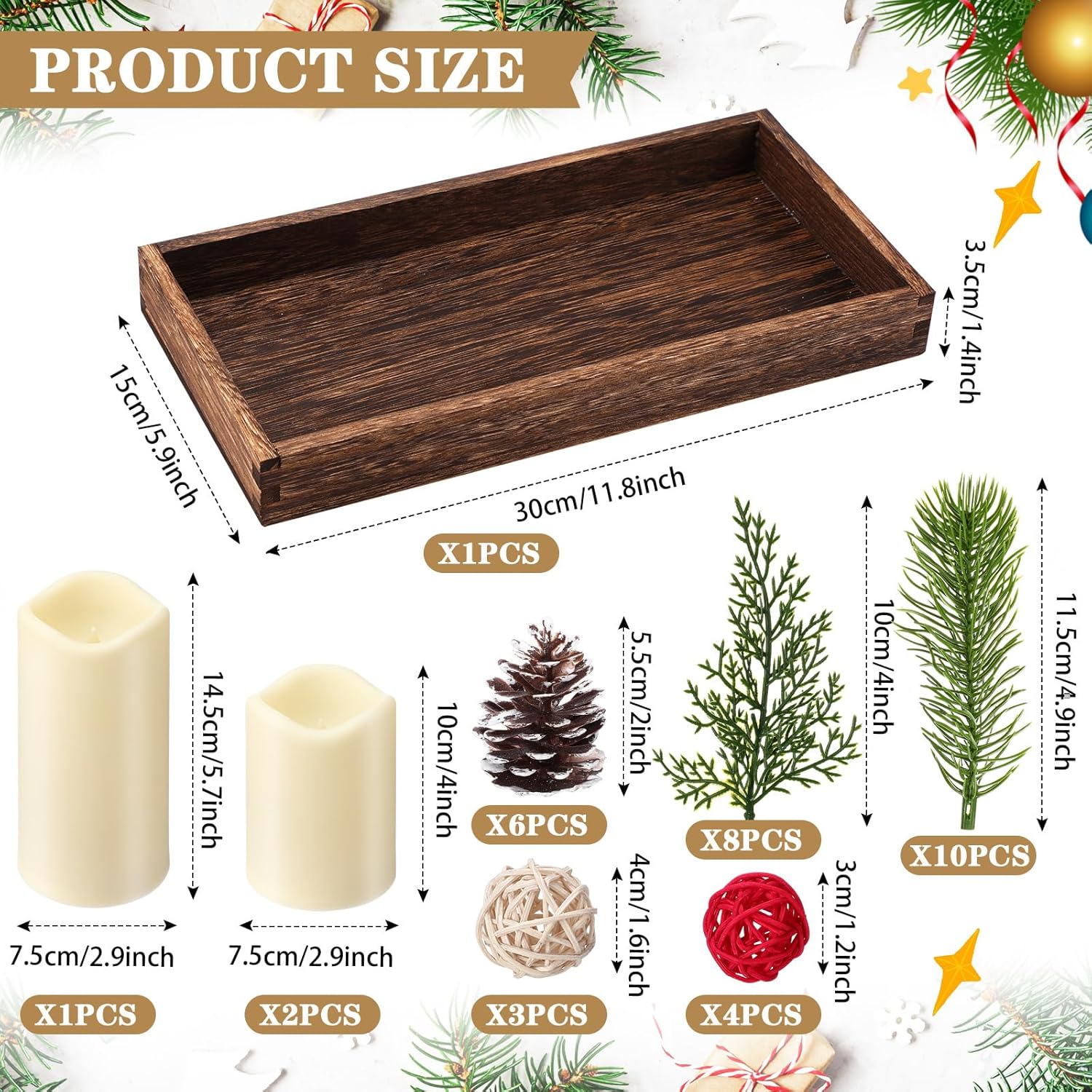 Tioncy Christmas Table Centerpiece - Rustic Wood Box Tray with Artificial Pine Picks & Candles