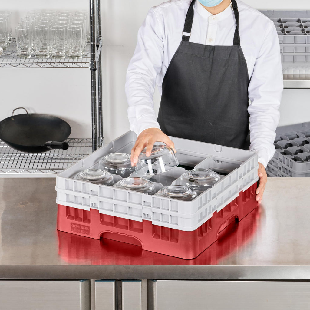 Restaurantware Clean Tek Professional 9 Compartment Glass Rack,1 Heavy Duty Durable Tray, With 1 Full Drop Extender and 1 Half Drop Extender, Red Glass Holder For Restaurants, Bars, and Pubs