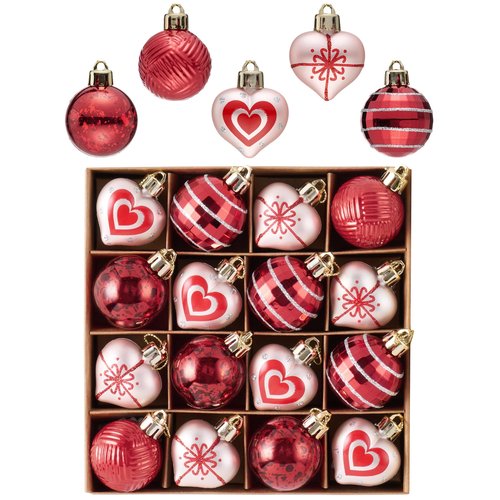 Valery Madelyn 16Pcs Valentines Heart Shaped Ornaments Gift Pack, Christmas Craft Painted Tree Decorations, Red Pink Silver Christmas Baubles Hanging Party Wedding Anniversary Decor 1.57 Inches
