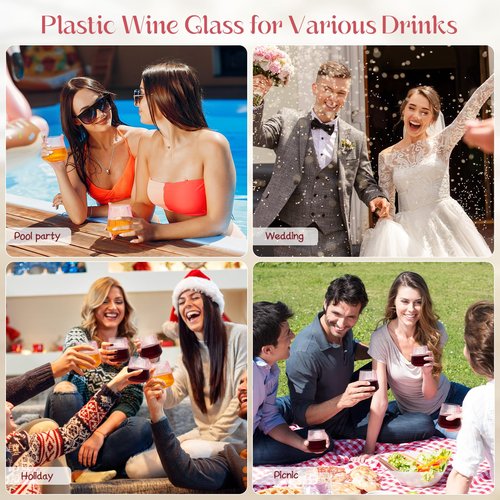 24 Pack Pink Plastic Wine Cups, 14oz Disposable Stemless Ribbed Wine Glasses, Cute Clear Unbreakable Outdoor Cocktail Glasses, Heavy Duty Plastic Drinking Cup for Galentine Wedding Party Mimosa Bar