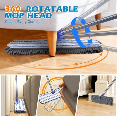 Masthome Flat Dust Mop - 2-Sided Microfiber Mop with 4 Reusable Pads for Wet & Dry Cleaning | Ideal for Hardwood, Tile & Vinyl