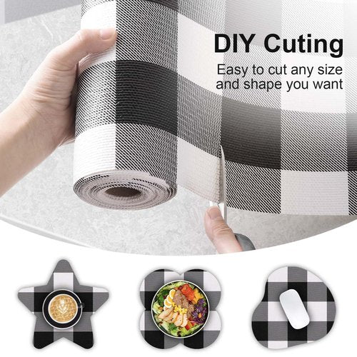 Shelf Drawer Liner for Kitchen Cabinets Non-Adhesive Non-Slip, Hide Stains & Scratches, Strong Grip Thickened Gingham Cabinet Liners for Shelves, Dresser, Cupboard, Pantry, Black/White, 23.6In x 30FT