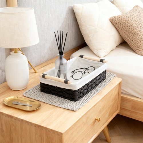 Baskets for Organizing, Set of 2 Black Paper Rope Bathroom Countertop Baskets with Liner, Woven Basket Organizer with Wooden Handles for Vanity, Counter, Shelf Storage