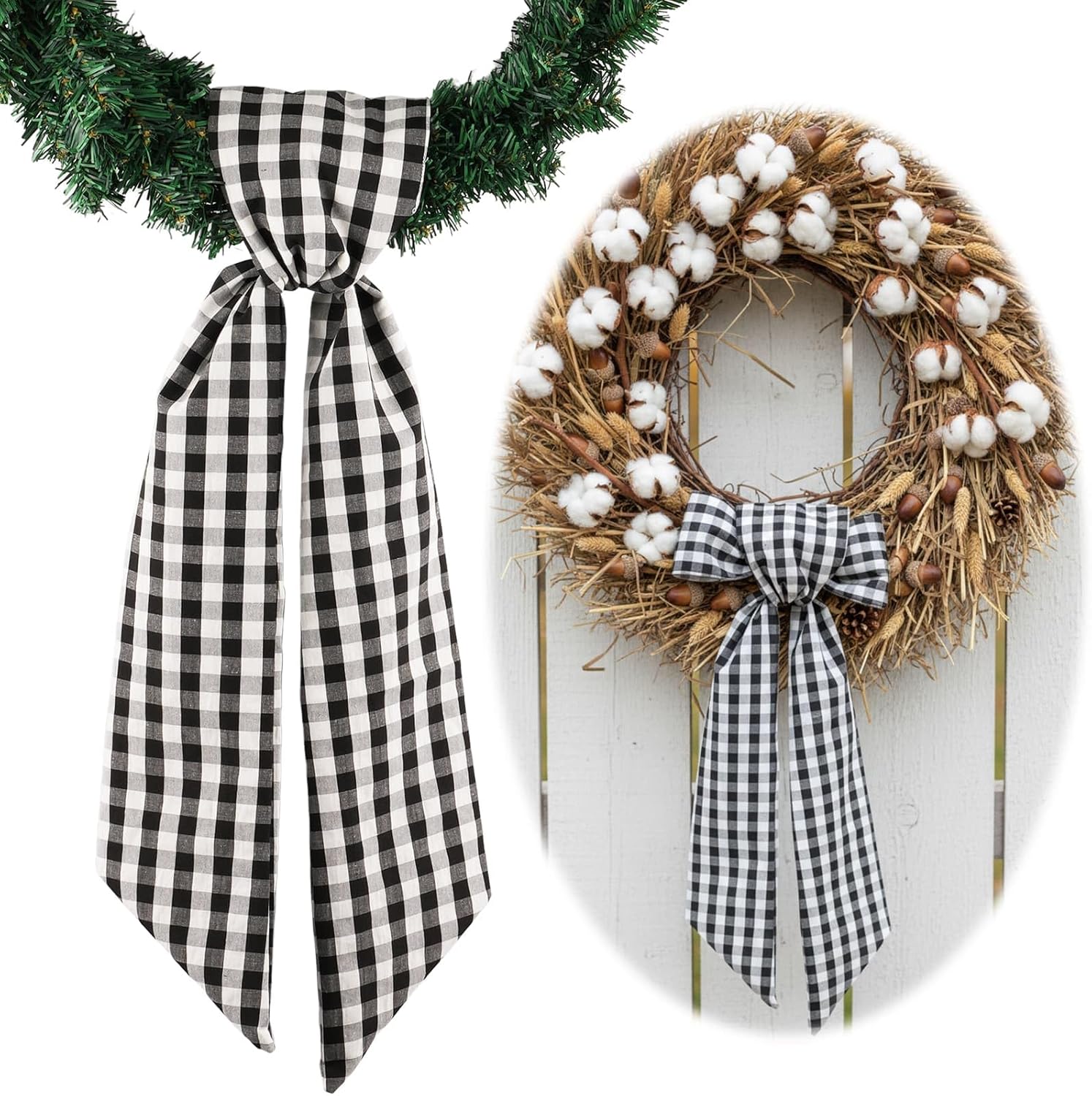 Regine Switzerland Black And White Plaid Wreath - Elegant Front Door Decoration For Halloween & Weddings