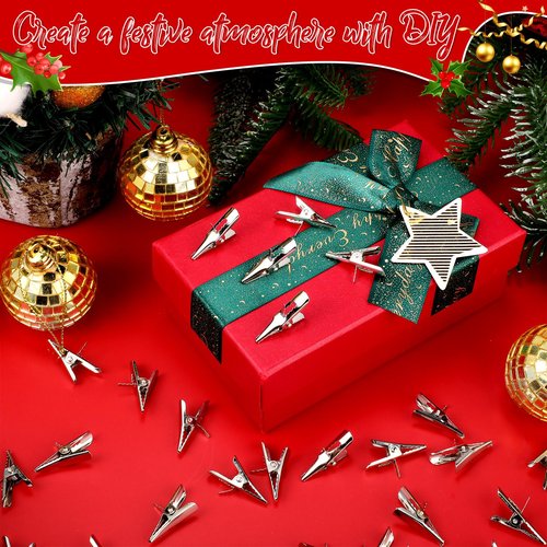 100 Pcs Christmas Tree Ornament Clips Ball Flower Decoration Clip Iron Metal Alligator Spring Clamps Test Line Crocodile Craft Baubles Hooks Hanger for Xmas Decorations 1.18 Inch