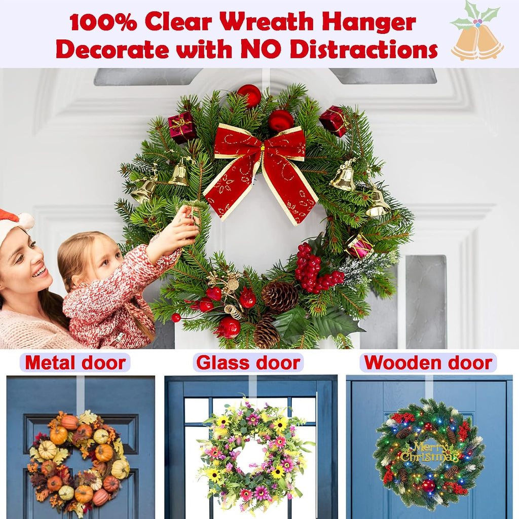 Skiennix Wreath Hanger - 12” Clear Over The Door Hooks for Easter & Christmas Decor | 2 Pack