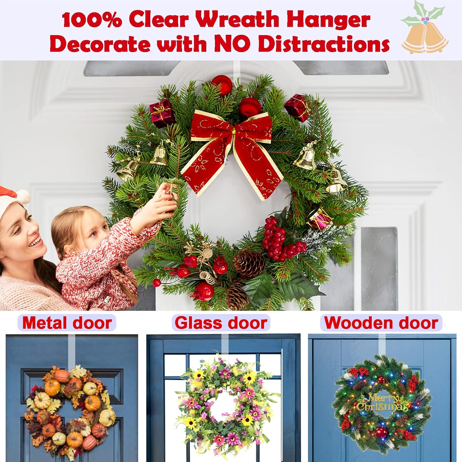 Skiennix Wreath Hanger - 12” Clear Over The Door Hooks for Easter & Christmas Decor | 2 Pack