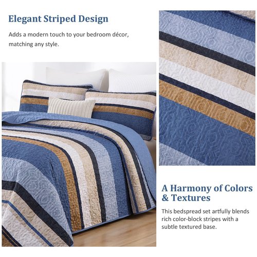 Dobuyly Blue Queen Quilt Set, Boho Bedspread Queen Size, Striped Bedding Sets 3 Pieces, Lightweight Soft Coverlet Bed Sets with 2 Pillow Shams 96"x90"