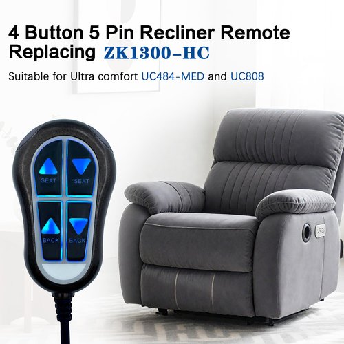 4 Button 5 Pin Remote Hand Control ZK1300-HC Replacement for Power Recliner Lift Chairs with Backlight
