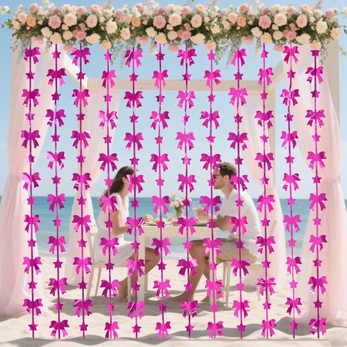 Menstarsi Bow Party Decorations - Hot Pink Foil Fringe Curtains | 2 Pack, 3.3 X 6.6 Ft Backdrop for Birthdays & Bachelorette Parties