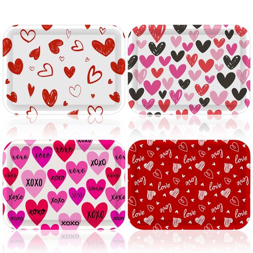 Ferrochef 4 Pcs Valentine's Day Serving Tray 13 x 10 Inch Heart Reusable Serving Platter Melamine Dessert Plate Dish for Valentine's Day Party Decorations Supplies