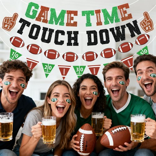 Football Decorations Game Time Touch Down Pre-Strung Football Banner Sports Party Favors Supplies for Indoor Home Birthday Flags