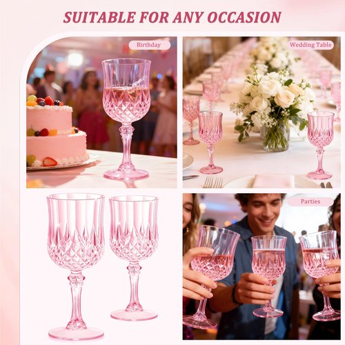 HTTBEIZI 7OZ Plastic Wine Glasses, Reusable Vintage Goblets Unbreakable Drinking Glasses Crystal Water Cups Champagne for Wedding, Parties, Easter (24, Pink)