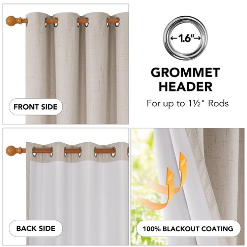 Deconovo 100% Blackout Curtains for Living Room, Double-Side Room Darkening Curtains for Bedroom, Faux Linen Drapes (Linen, W52 x L84, 2 Panels)