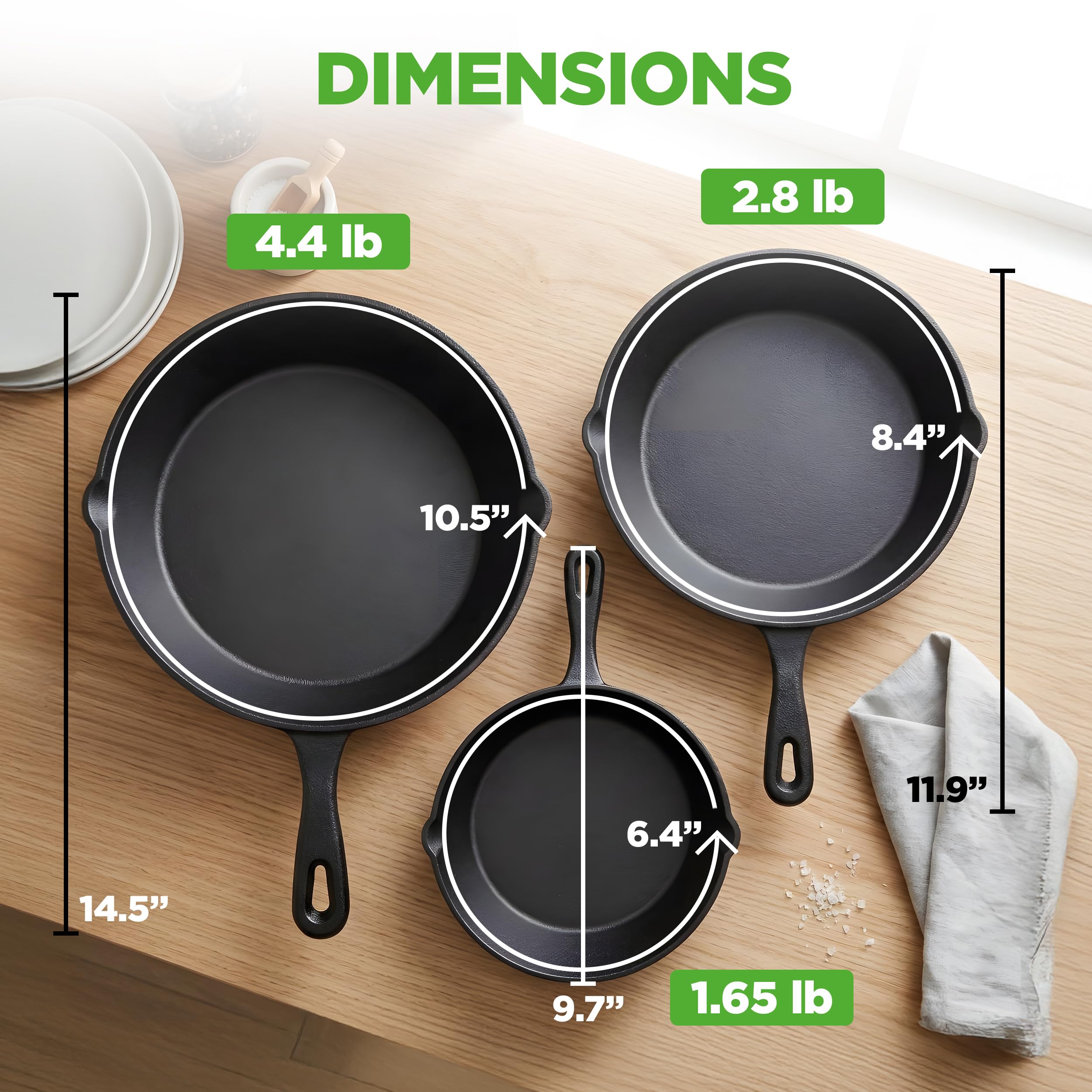 NutriChef Pre-Seasoned Cast Iron Skillets - 3 Pieces Cast Iron Cookware Set w/Drip Spout and Scraper - Compatible with Induction, Electric Stovetop, Gas, & Ceramic - NCCI76