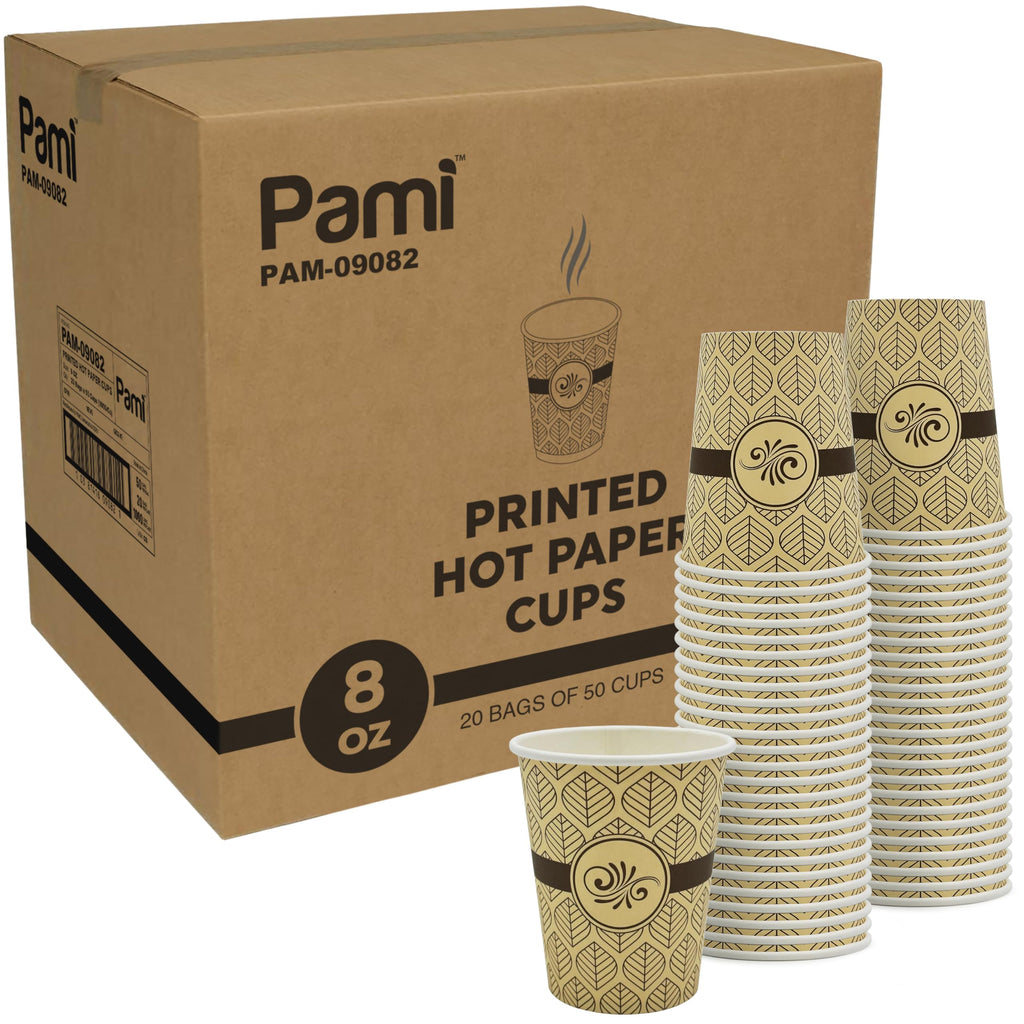 PAMI Disposable Coffee Cups, Single-Use Paper Cups, To-Go Hot Beverage Cups for Espresso Coffee Tea Hot Chocolate, Leak Resistant, Cafe & Home Use (1000, 8oz)