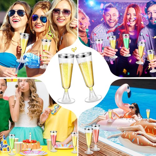 Gerrii 300 Pcs Plastic Champagne Flutes Bulk, 4.5 oz Clear Disposable Champagne Flutes, Rimmed Toasting Glasses for Wedding Birthday Anniversary Celebration Party Wine(Silver Rim)
