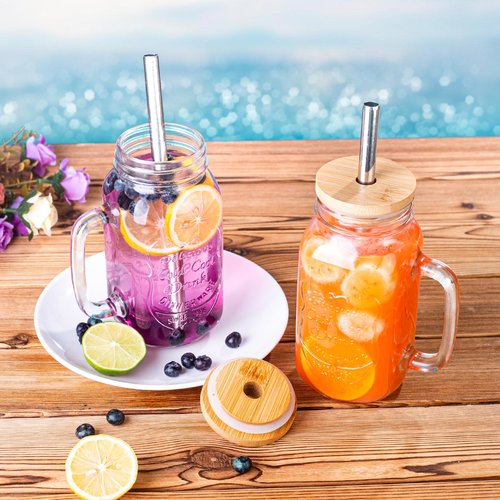 QWEZXO 24 OZ Mason Jar Drinking Glasses with Bamboo Lids and Stainless Steel Straws for Party Beverages,Iced Coffee 2Pack