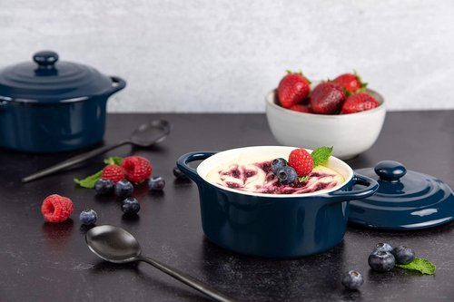 Kook Ceramic Mini Cocotte Set - Small Casserole Dishes with Lids | Oven Safe 350°F, 12 oz, Set of 4 (Navy)