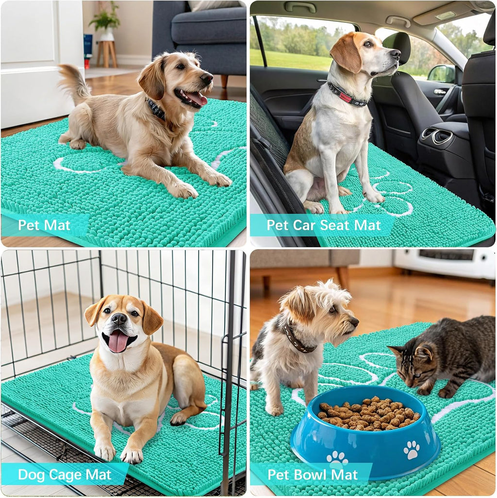 OLANLY Dog Door Mat - Absorbent Non-Slip Chenille for Muddy Paws | 24x16 Teal Paw Print Design