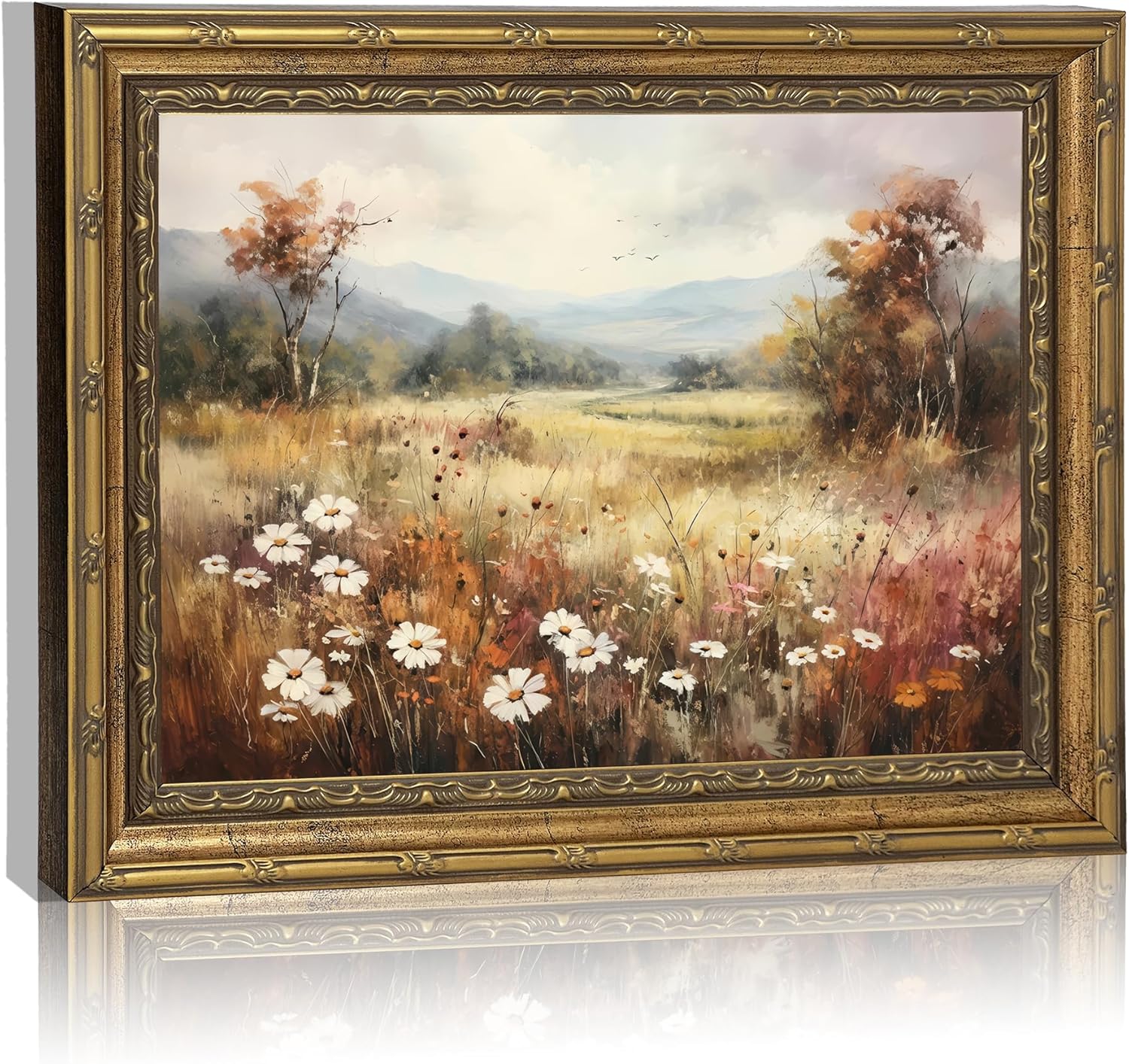 Vintage Gold Framed Wall Art - Retro Floral Landscape Canvas Print for Living Room & Bedroom | 9x11 Inch