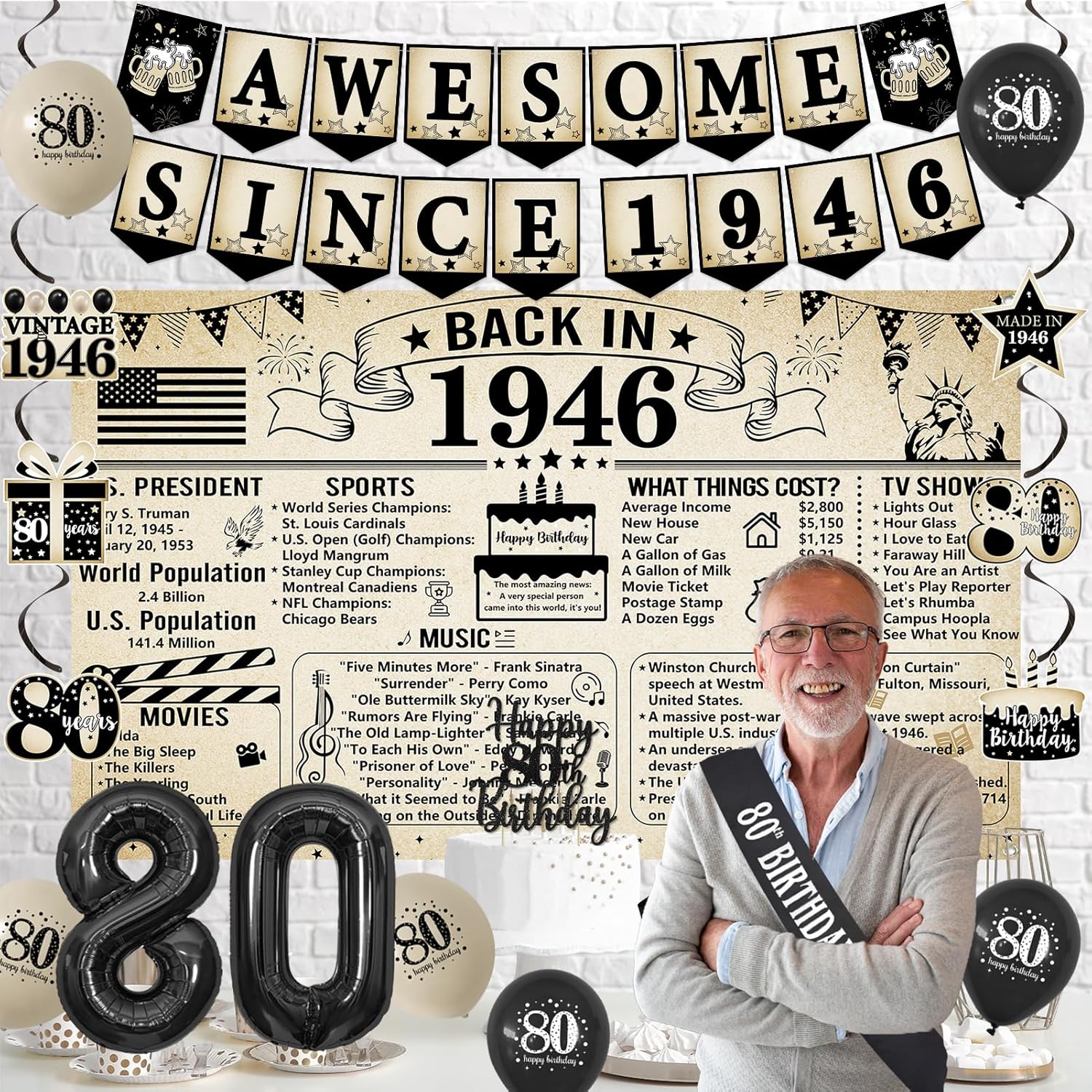 Trgowaul Vintage 80th Birthday Decorations - 1946 Party Supplies, Banner, Sash & Cake Topper Set