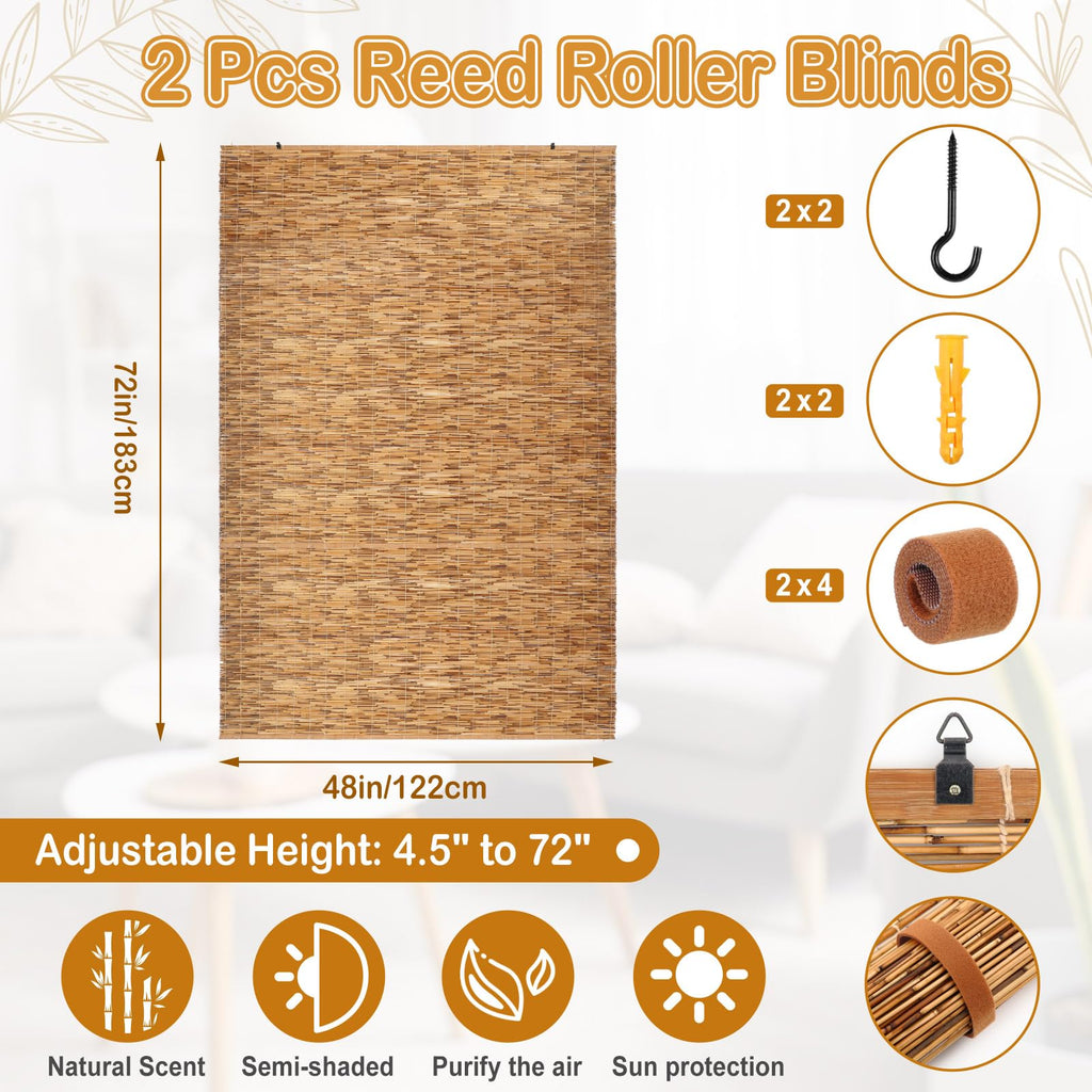 DoubleFill 2 Pcs Bamboo Shades Outdoor Reed Roll Up Blinds 48" W x 72" H Blackout Sunshade Cordless Bamboo Blinds for Home Porch, Patio & Windows Decor Shutters Sunlight Privacy Screen(Carbon Brown)