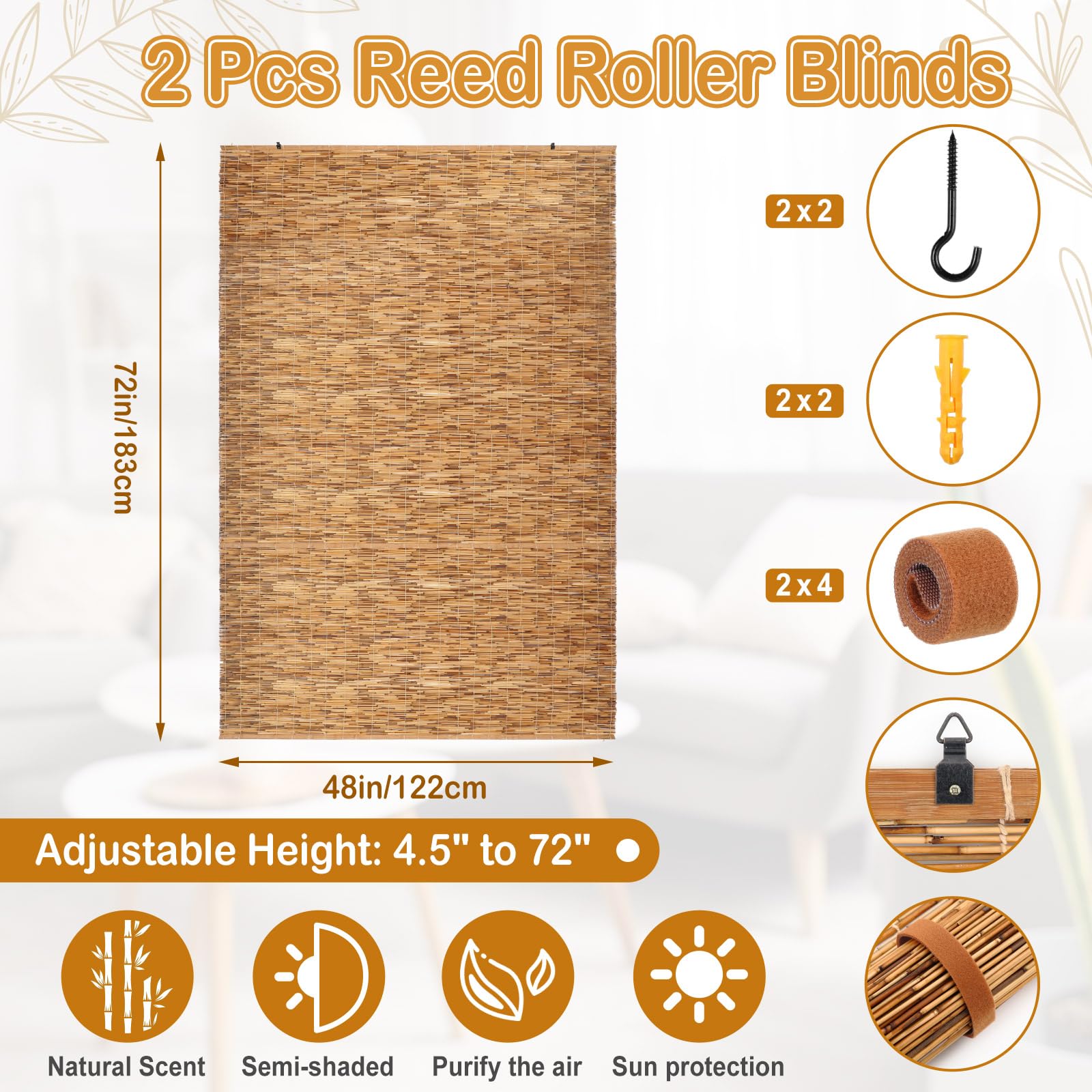 DoubleFill 2 Pcs Bamboo Shades Outdoor Reed Roll Up Blinds 48" W x 72" H Blackout Sunshade Cordless Bamboo Blinds for Home Porch, Patio & Windows Decor Shutters Sunlight Privacy Screen(Carbon Brown)