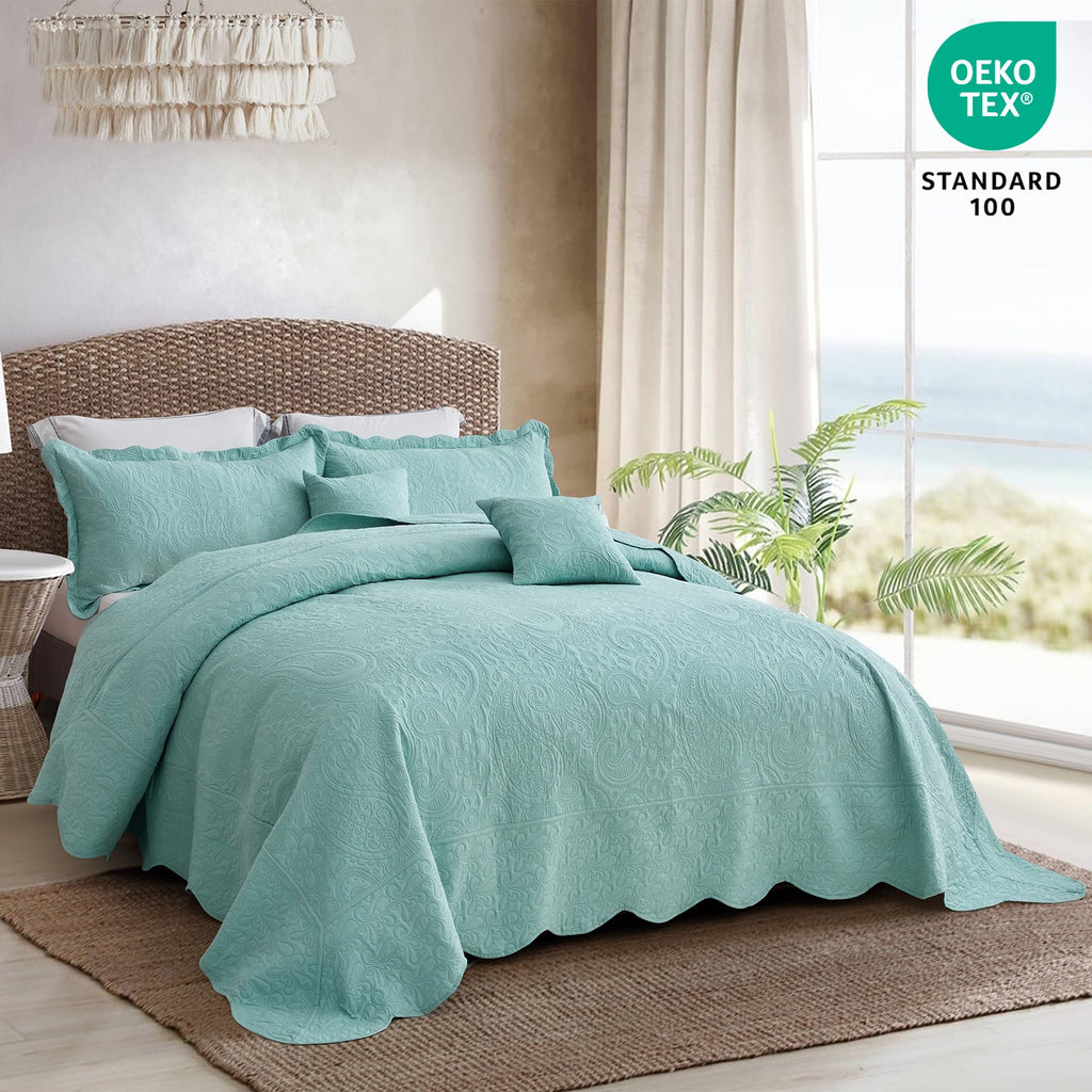 Blythease Oversized King Bedspread, Embossed Paisley Quilt Set King/Cal King, Lightweight Reversible Coverlet, Scalloped Edge - Fresh Classic Look, 5 Piece, Seaglass