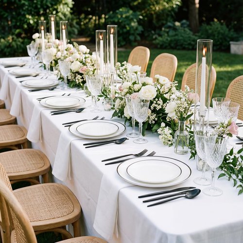 EI 180pcs White Plastic Dinnerware Set Include Black Disposable Silverware,Dinner and Dessert Plates,Cups,White Plastic Plates with Black Rim Perfect for Wedding,Birthday,Partys,Business Events,Hotel
