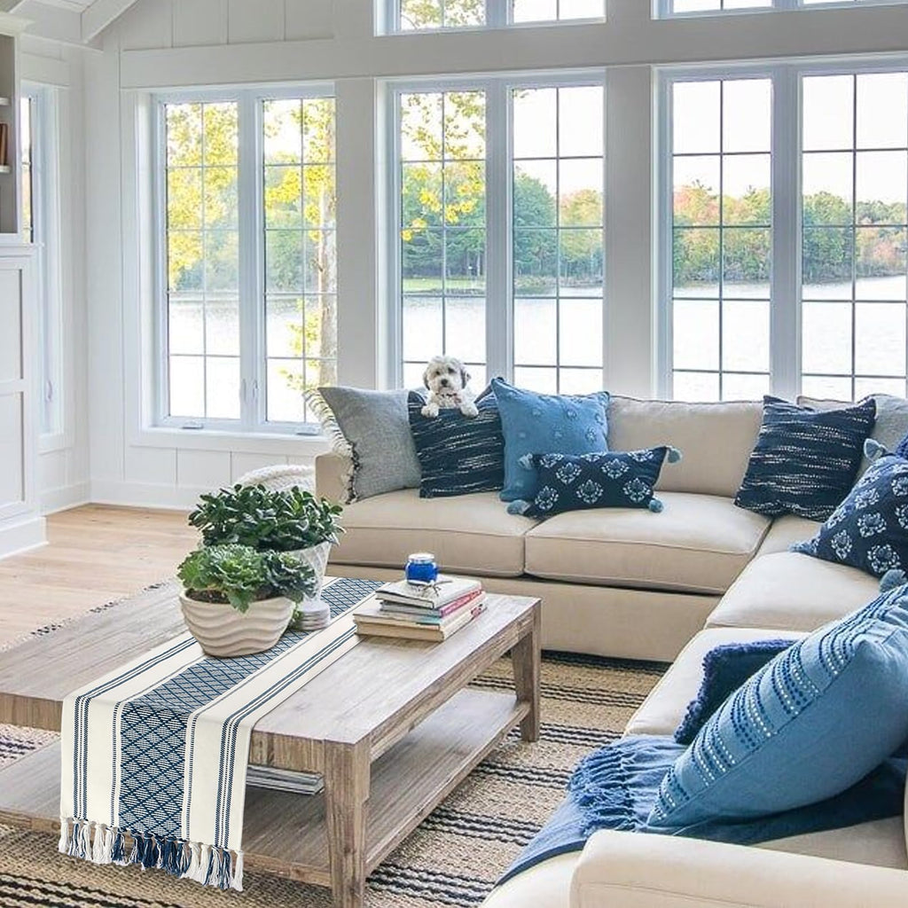 yuboo Blue and White Table Runner Farmhouse Style - Coastal Nautical Woven Table Runner 72 inches Long with Tassels, Dresser Runners for Bedroom, Dining Room, Summer Table Decor
