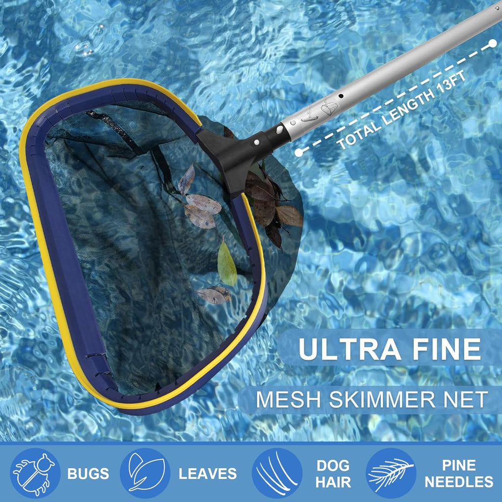 Poolvio 5-in-1 Pool Cleaning Kit - Semi-Deep Skimmer Net, Aluminum Leaf Rake & 20' Brush with 13' Pole