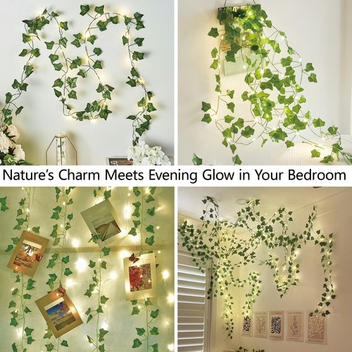 Pellimo Vine Leaf with Fairy Lights, 23FT 73 LED Lighted Ivy Spring Garland Lights, Battery or USB Powered for Dorm Room, Bedroom & Creative Wall Decor, Warm White