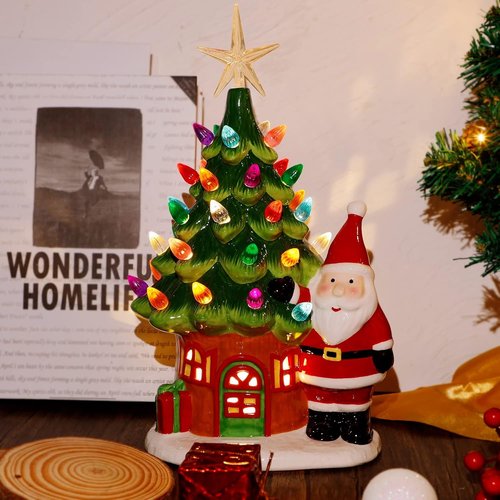 Juegoal Lighted Ceramic Christmas Tree - 11" Pre-Lit Tabletop Decorations with Santa & Multicolor Bulbs