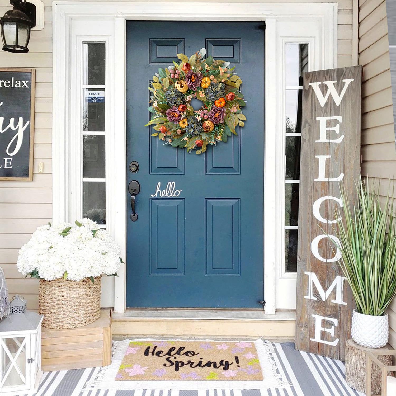 WANNA-CUL 24 Inch Fall Wreath - Blue Hydrangea & Purple Peony | Autumn Door Decoration